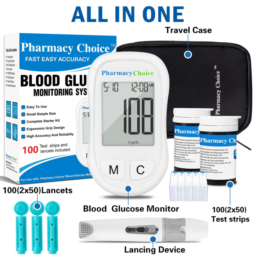 Blood Glucose Monitor Kit, 100 Strips, Meter, Lancing Device A396223