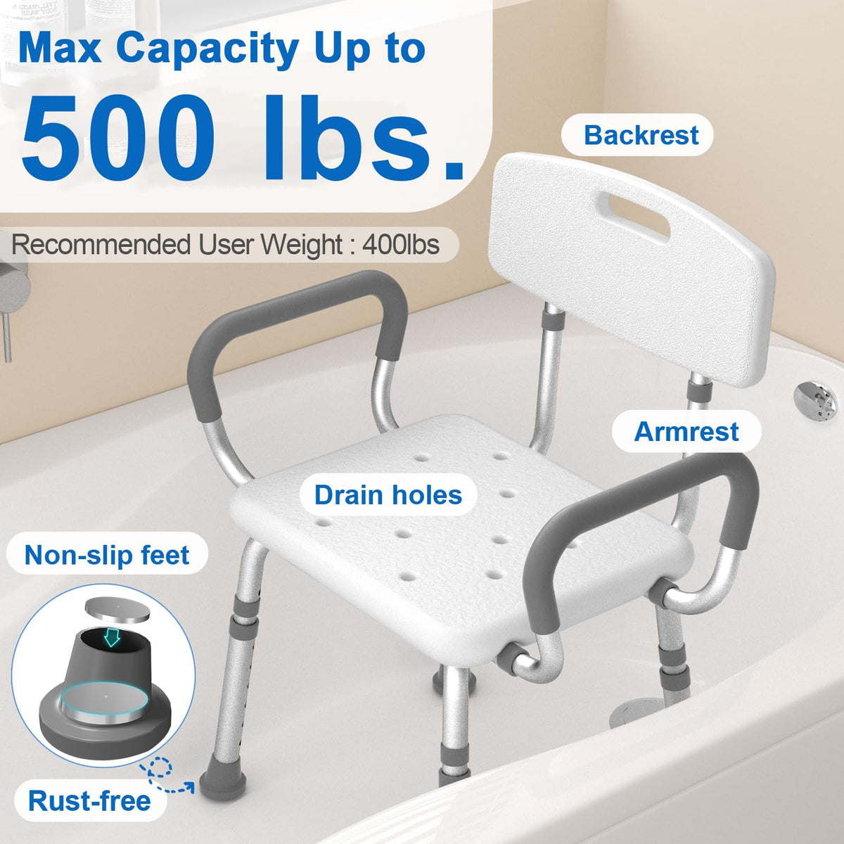 Shower Chair with Arms and Back and Bedside Commode with Padded Seat and Backrest N69738