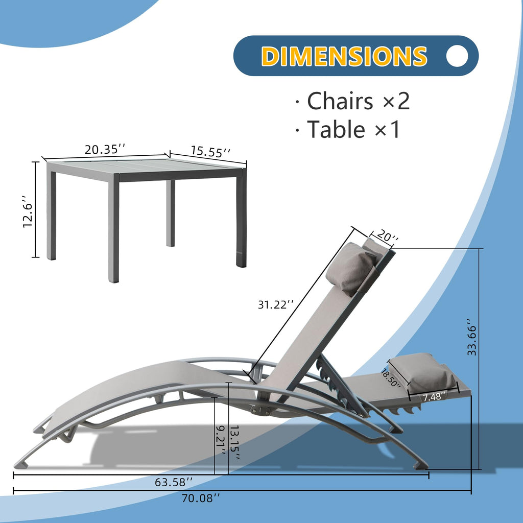 Adjustable Aluminum Pool Lounge Chairs Set of 3 with Side Table F159051
