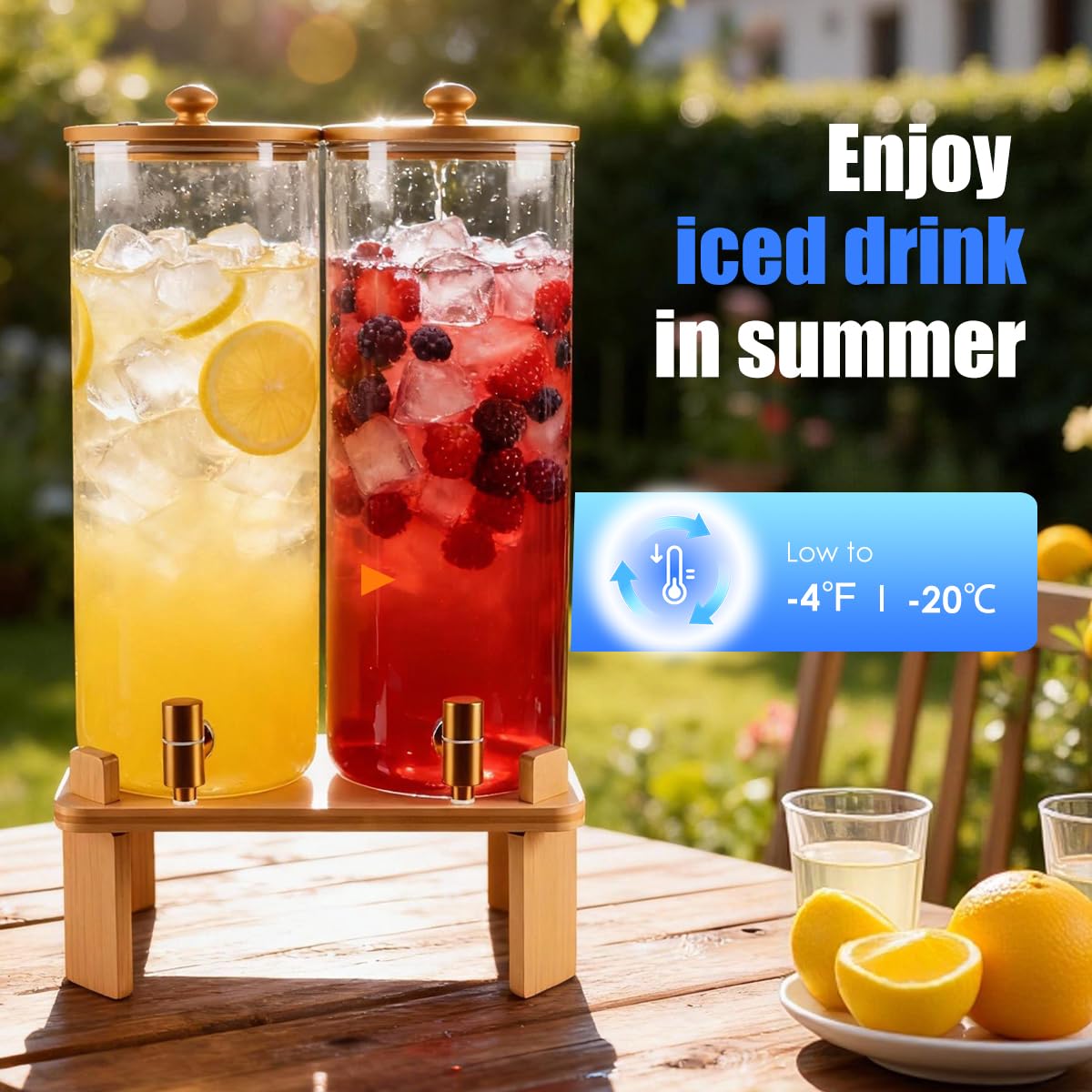 2 Gallon 2 Pack Glass Drink Dispenser with Wood Stand A228