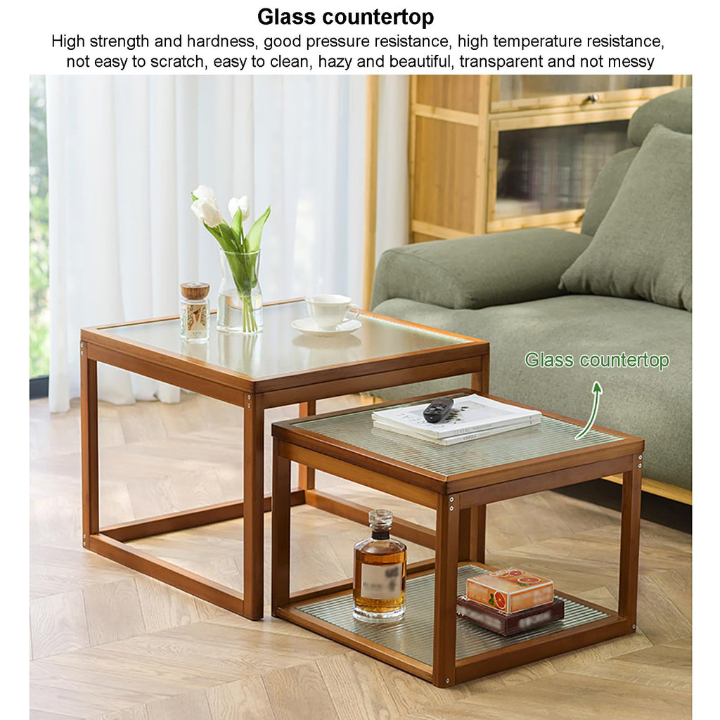 Square Glass Nesting Coffee Tables Set of 2 with Bamboo Frame C127