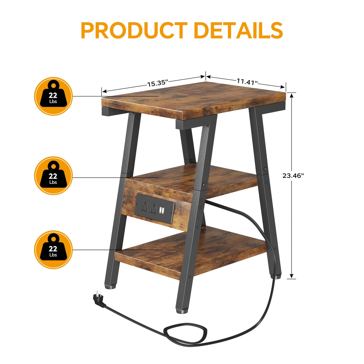 3-Tier Side Table with Charging Station T9429