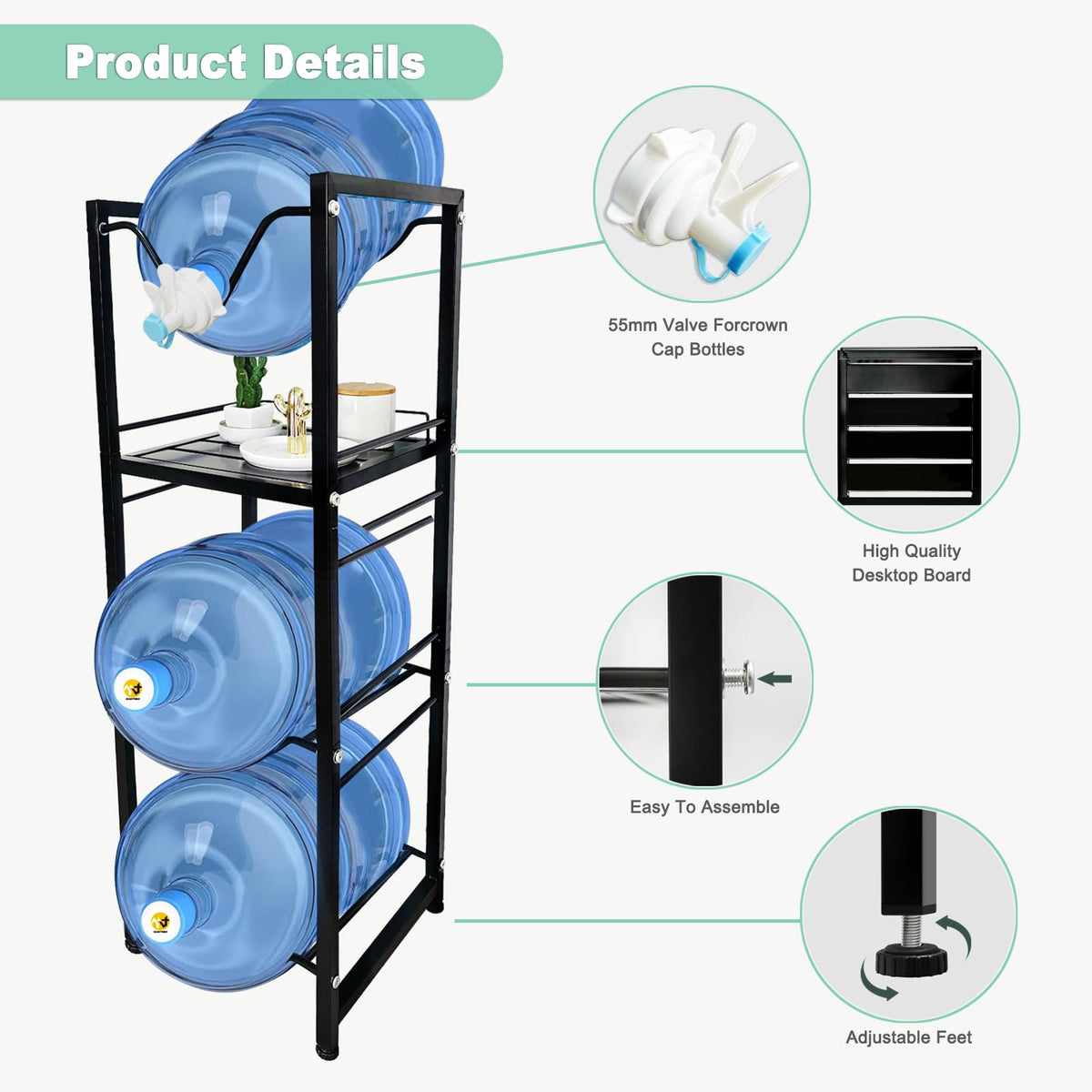 5 Gallon Water Jug Holder with 3-Tier Storage Shelves Black W96371