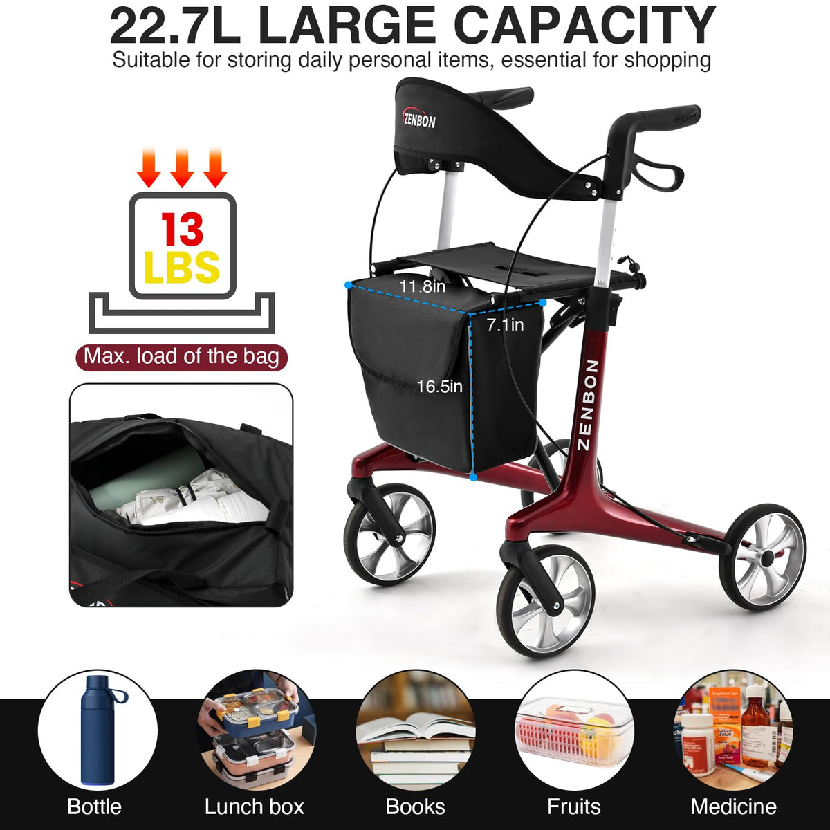 Foldable Rolling Walker with Seat 440 lbs Capacity P458