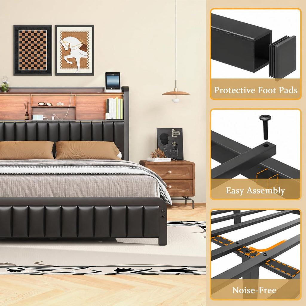 Black Full Size Bed Frame with Storage Headboard F9391