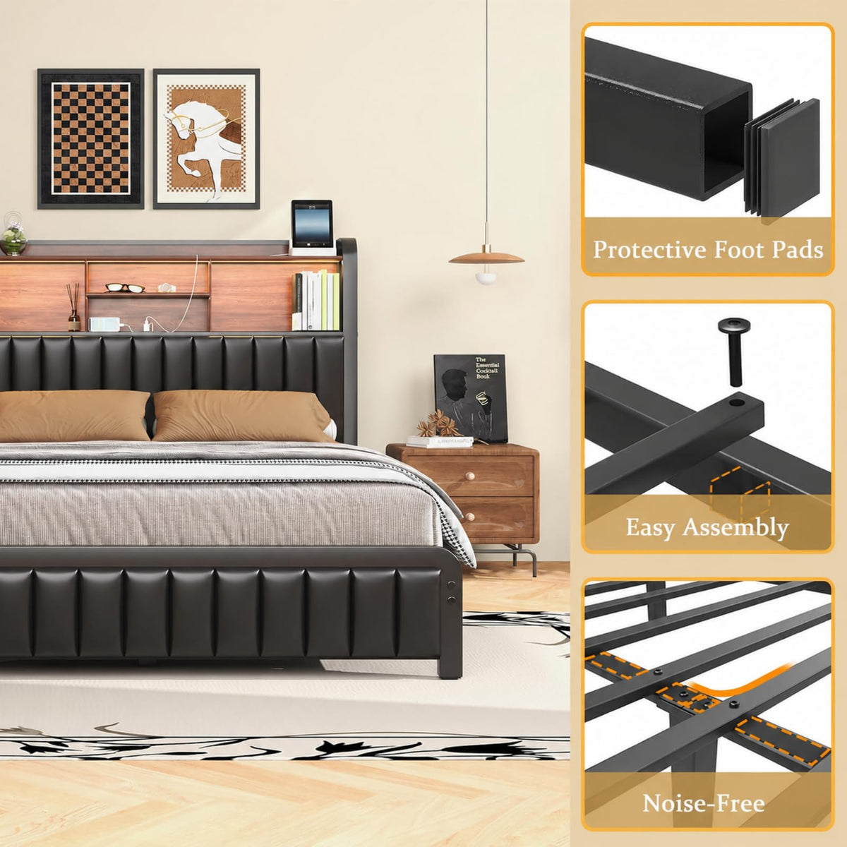 Black Full Size Bed Frame with Storage Headboard F9391