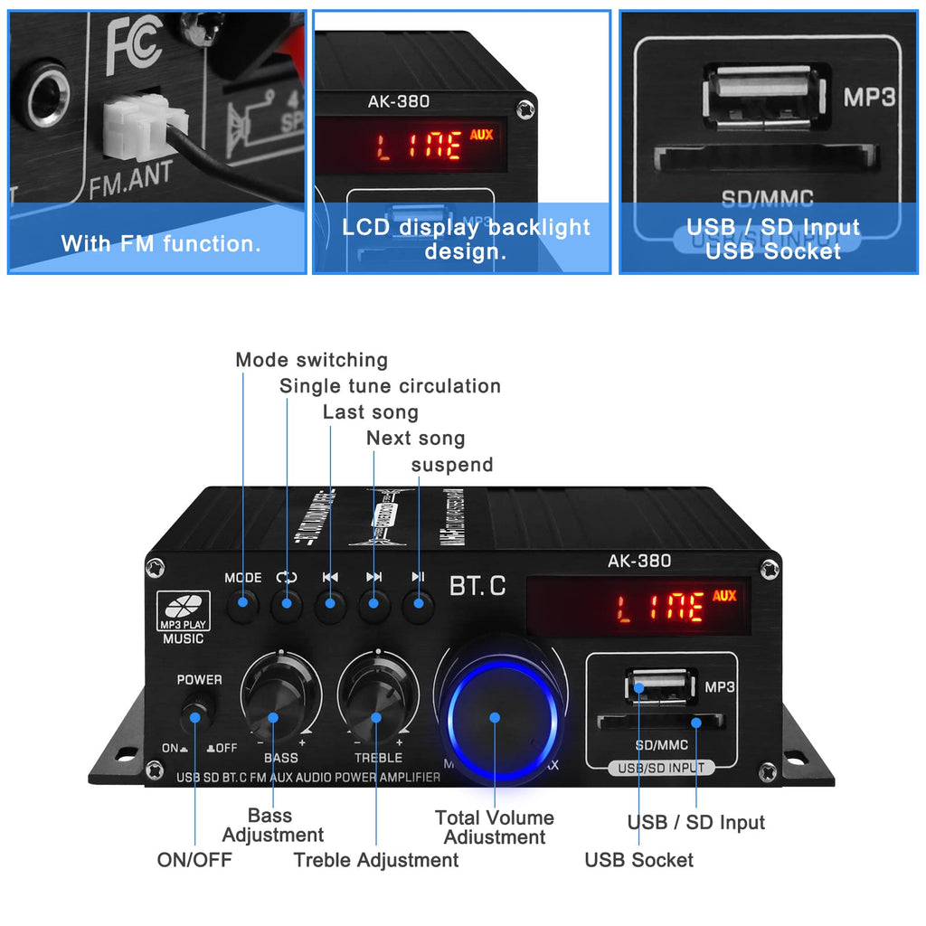 USB SD BT FM AUX Audio Power Amplifier 2.0 CH 40W+40W G59222