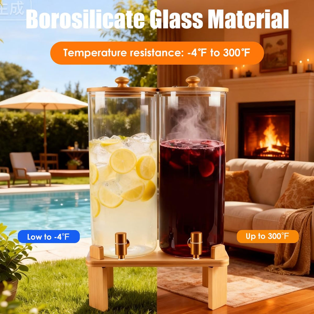 2 Gallon 2 Pack Glass Drink Dispenser with Wood Stand A228