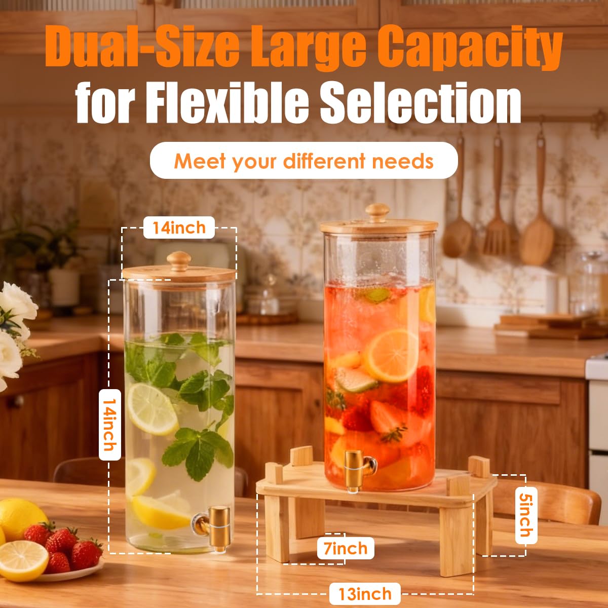 2 Gallon 2 Pack Glass Drink Dispenser with Wood Stand A228