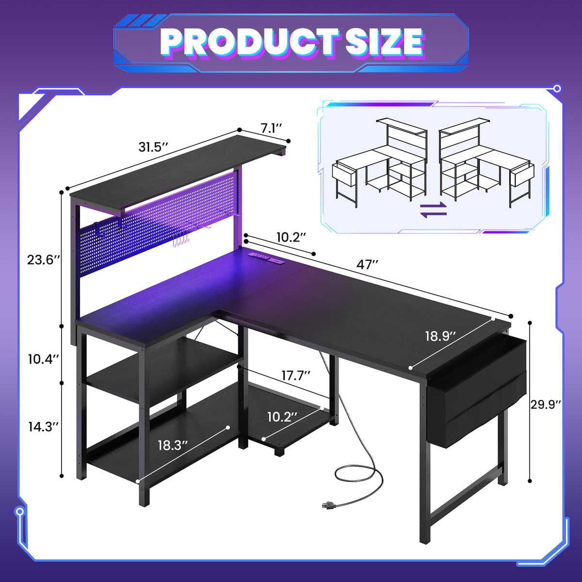 47in Black L Shaped Gaming Desk with Pegboard O585650