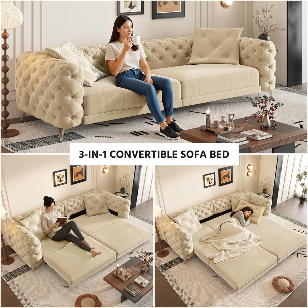 Velvet 3-in-1 Convertible Sleeper Sofa with Movable Ottoman Z65624