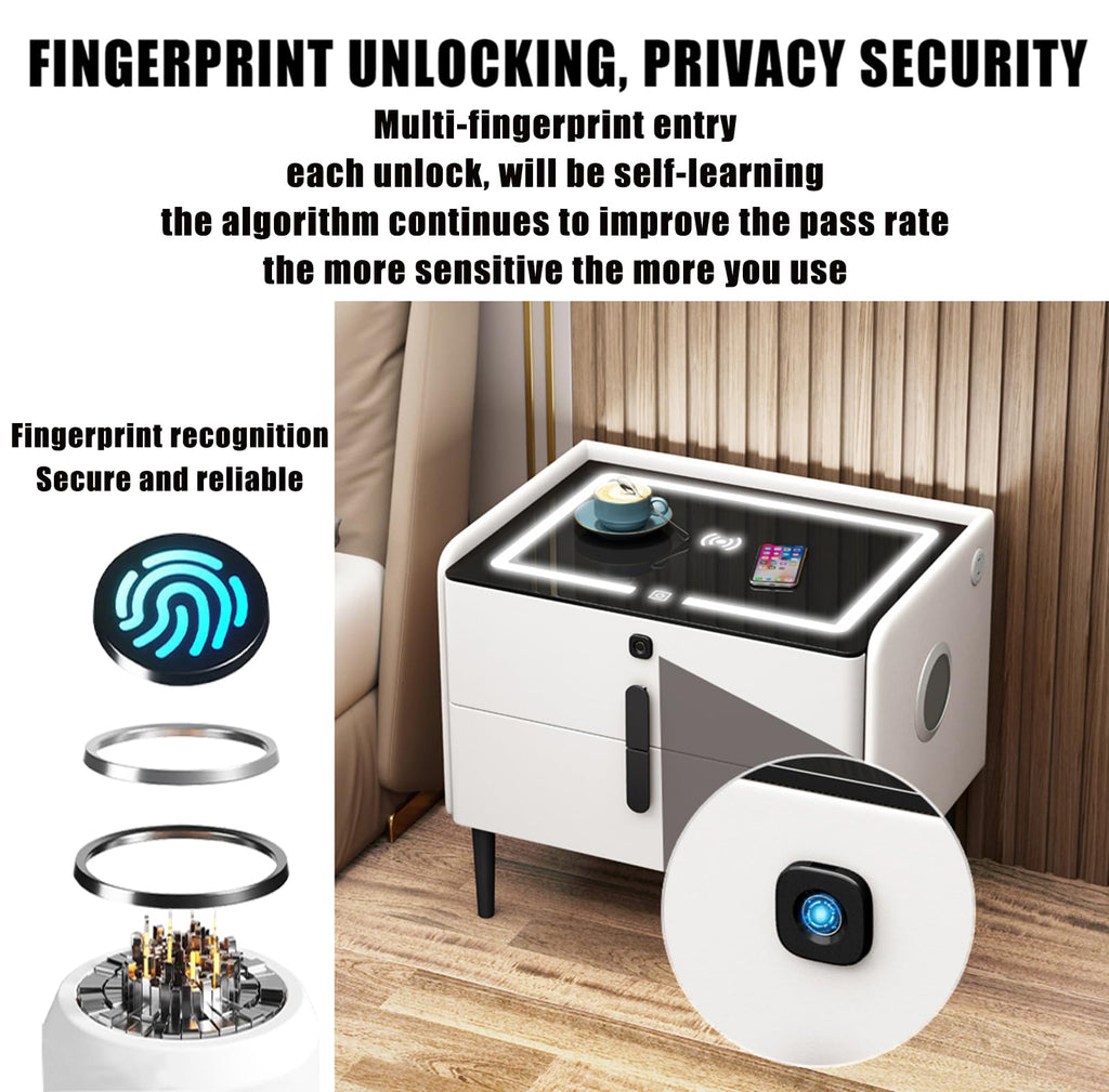 Gray 3 Tier Nightstand with Wireless Charging and Fingerprint Lock M7292