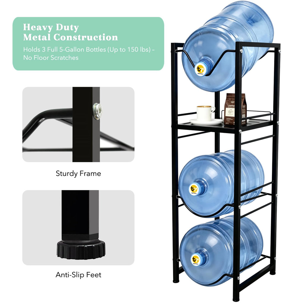 5 Gallon Water Jug Holder with 3-Tier Storage Shelves Black W96371