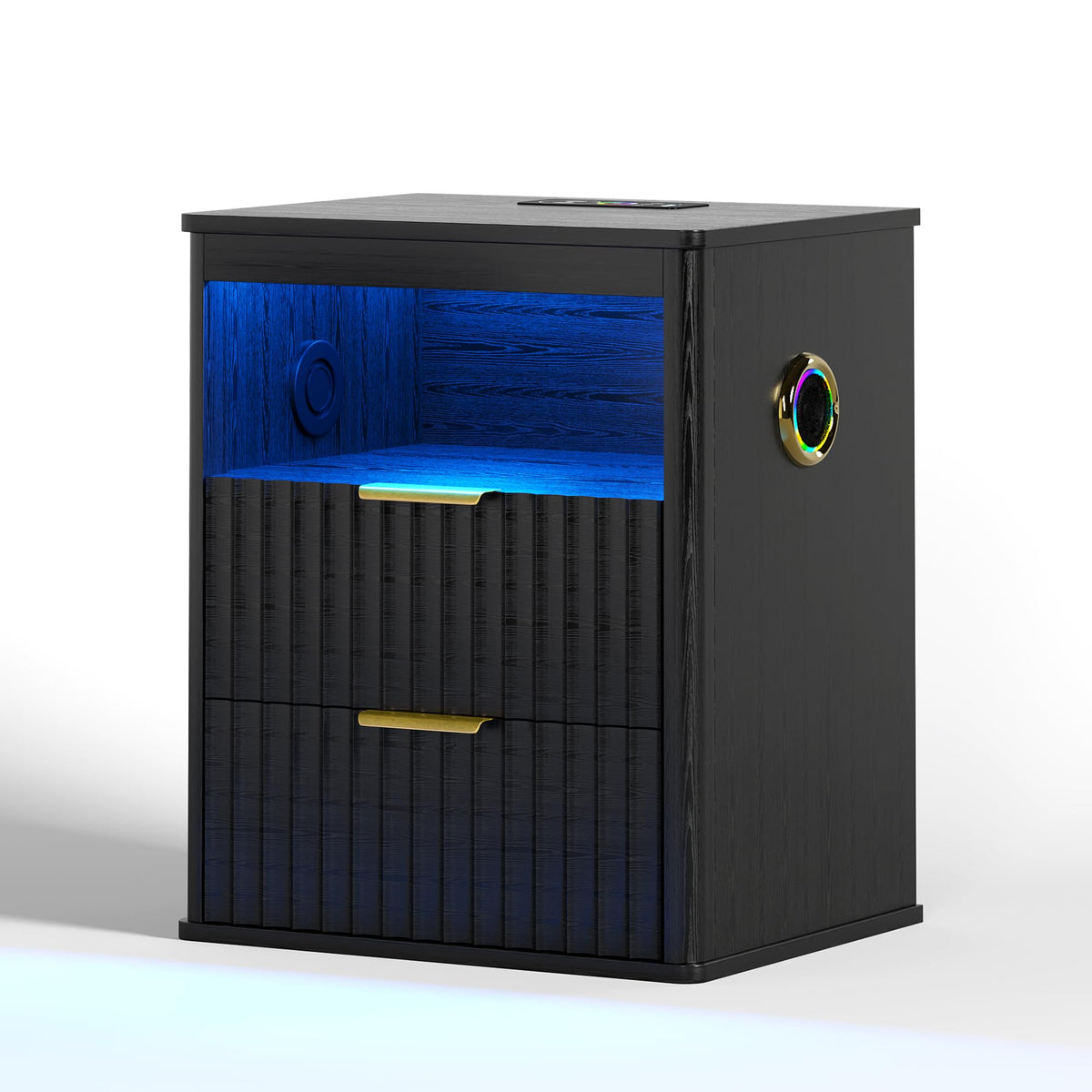 Black Smart Nightstand with Bluetooth Speaker, LED Lights, Wireless Charging, 2 Drawers & Open Shelf S114251