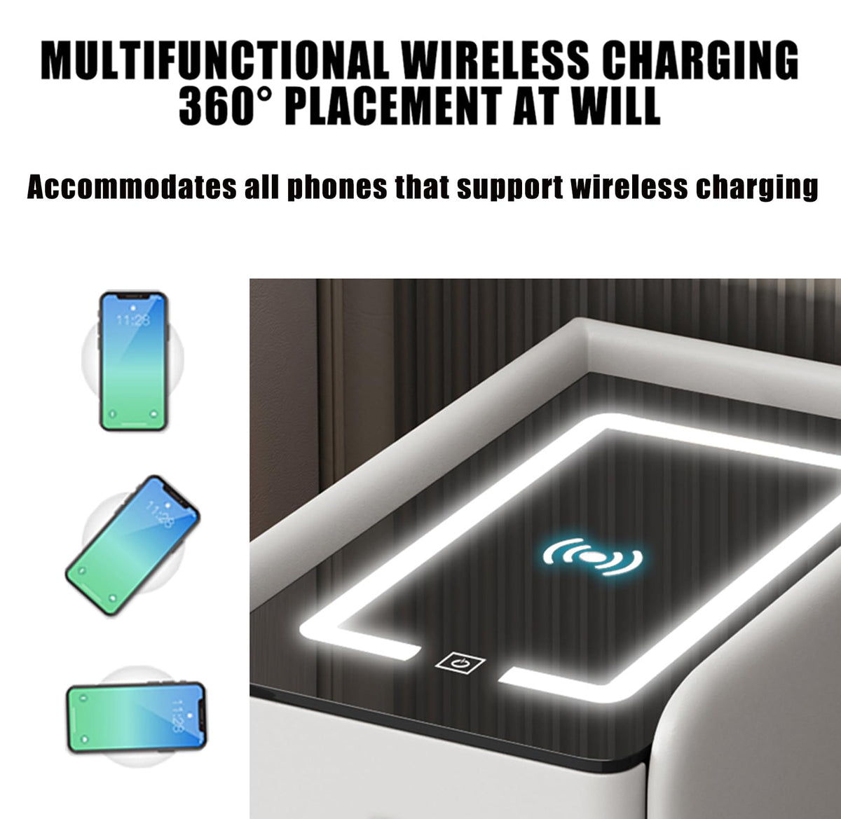 Gray 3 Tier Nightstand with Wireless Charging and Fingerprint Lock M7292
