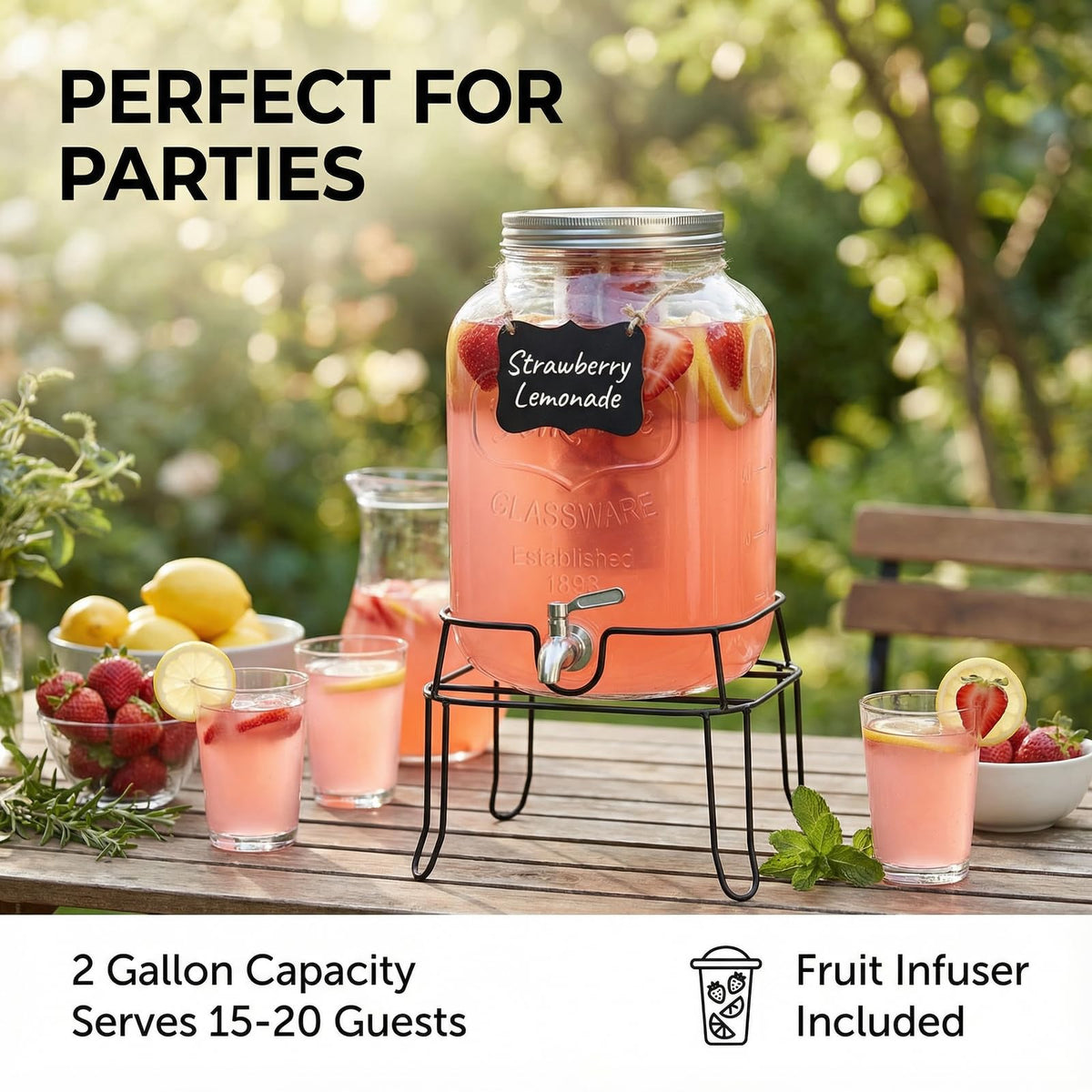2 Gallon Glass Drink Dispenser with Stand D403