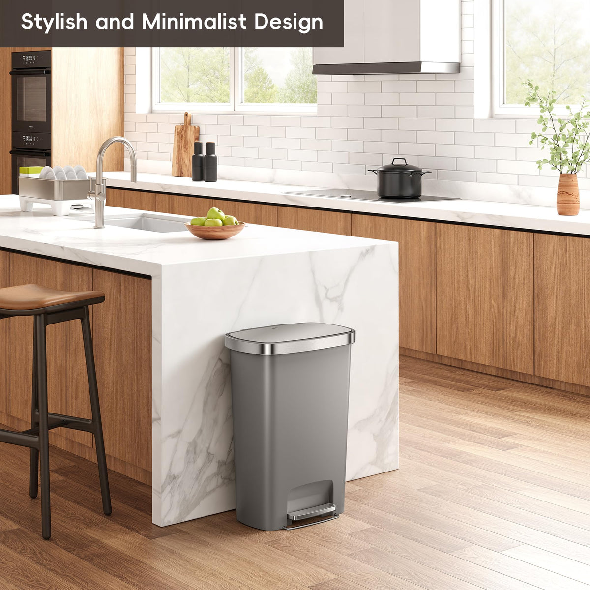 13.2 Gallon / 50L Grey Plastic Step Trash Can with Stainless Steel Lid I8769