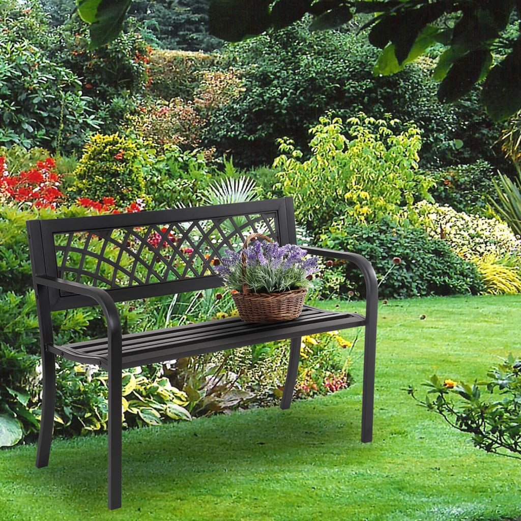 4 Feet Heavy-Duty Metal Patio Bench with Backrest Armrests R618