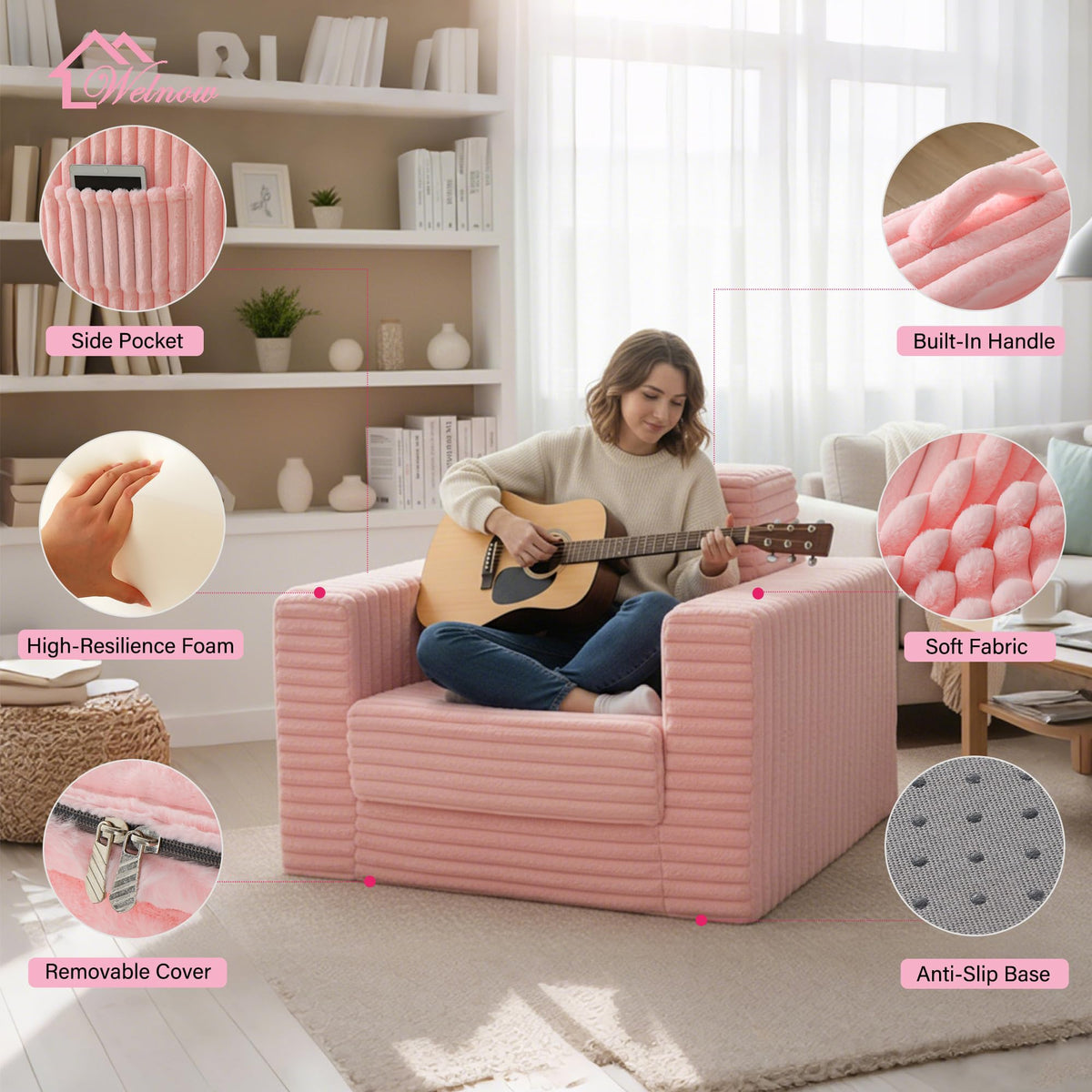 Pink Folding Sofa Bed with Ottoman T26943