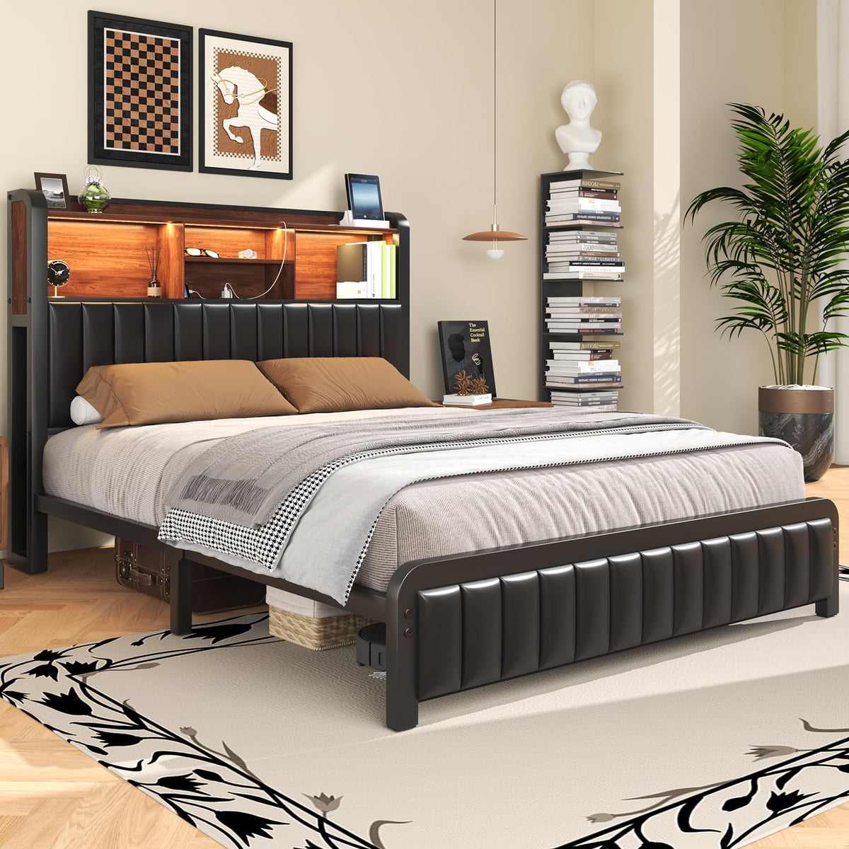 Black Full Size Bed Frame with Storage Headboard F9391