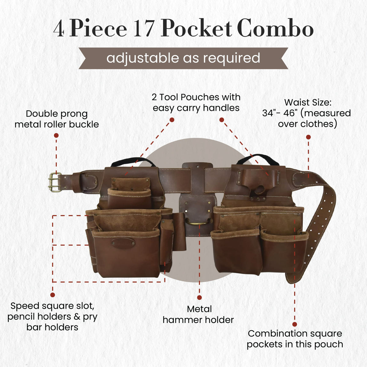 Leather 4 Piece Tool Belt Set with 17 Pockets H9815
