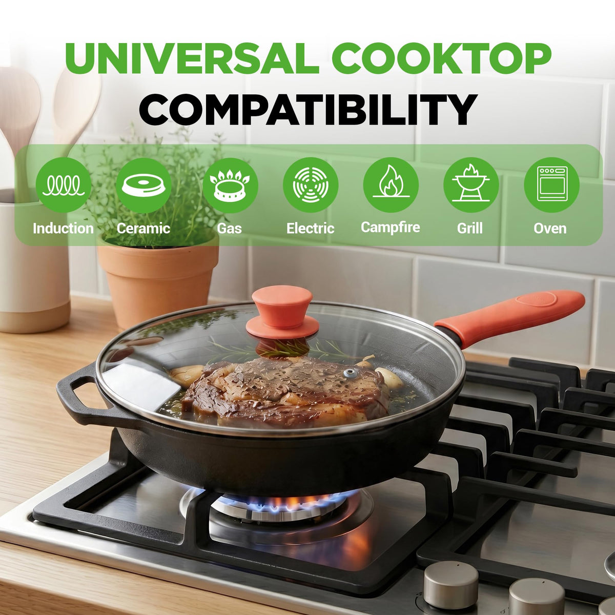 10" Pre-Seasoned Cast Iron Skillet with Glass Lid D213625