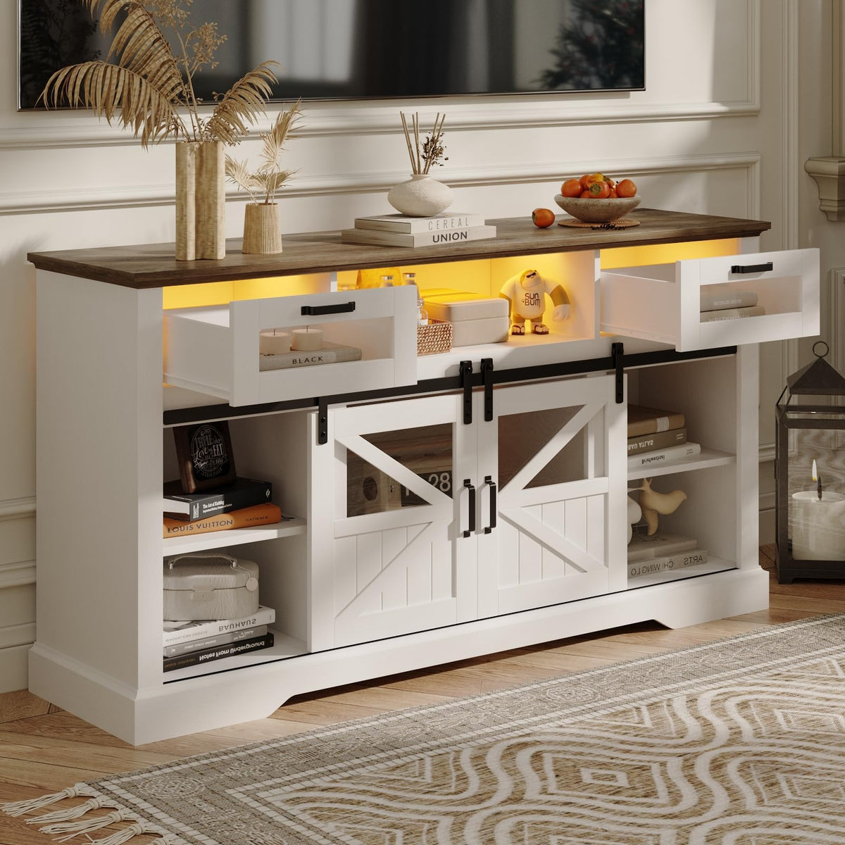 TV Stand with Storage Cabinet and Sliding Barn Doors L1056