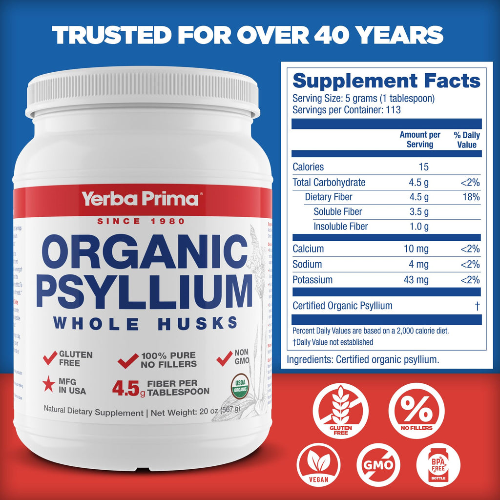 Organic Whole Psyllium Husks Fiber 20 oz Pack of 2 M67007