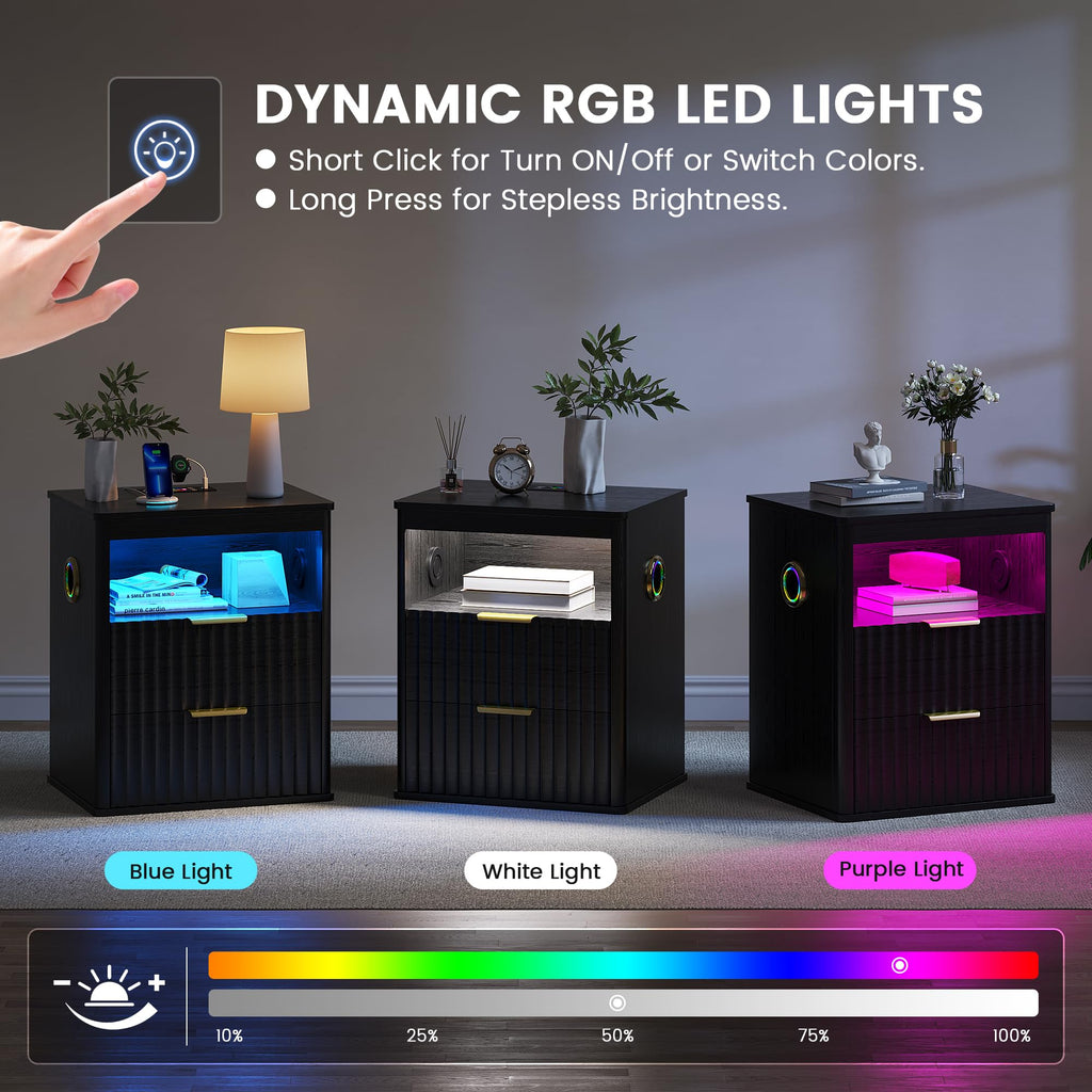 Black Smart Nightstand with Bluetooth Speaker, LED Lights, Wireless Charging, 2 Drawers & Open Shelf S114251