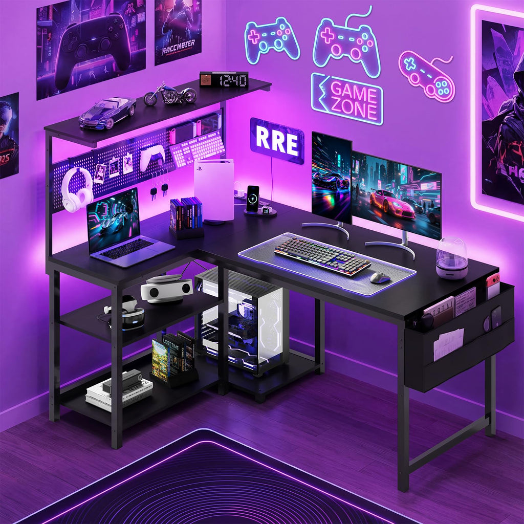 47in Black L Shaped Gaming Desk with Pegboard O585650