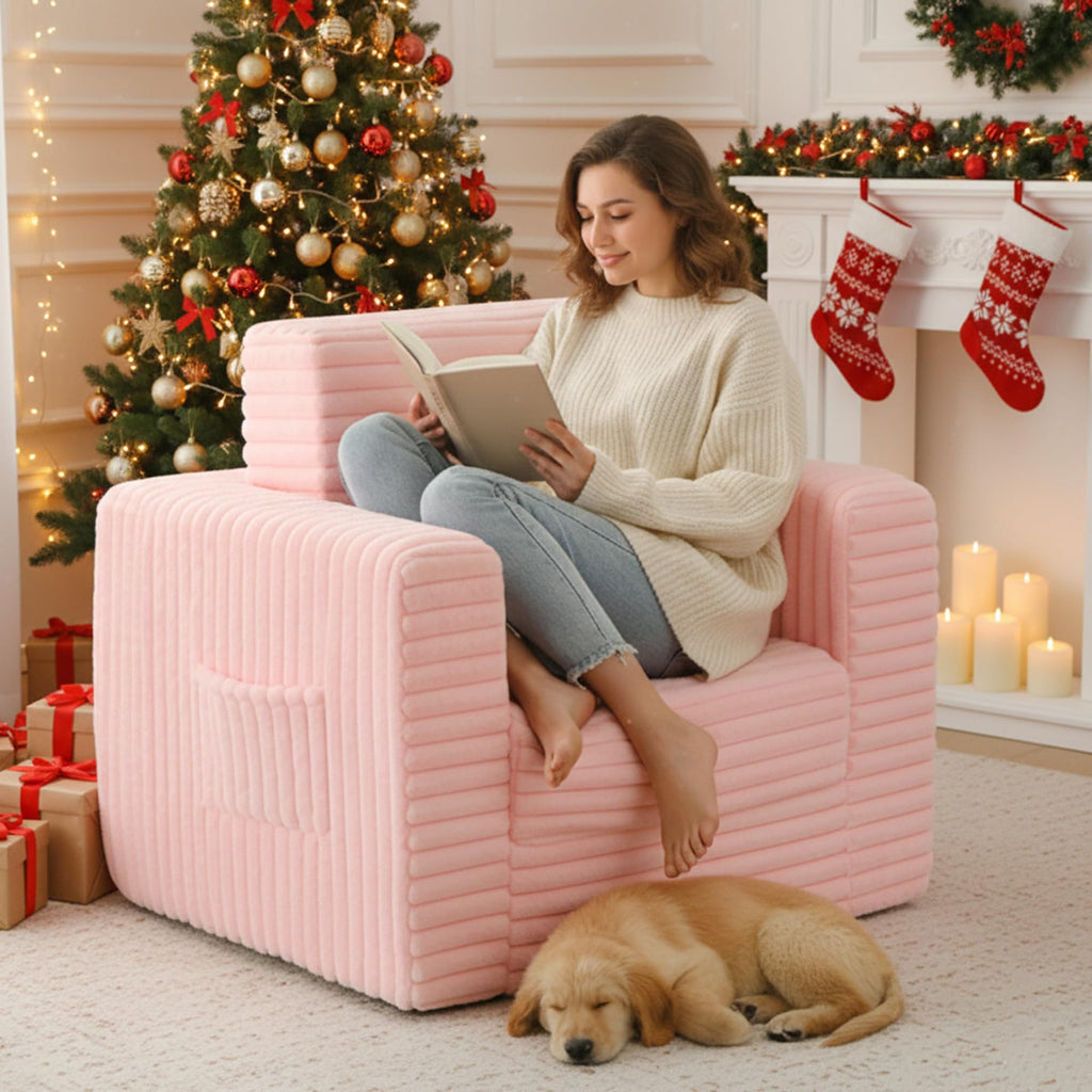 Pink Folding Sofa Bed with Ottoman T26943