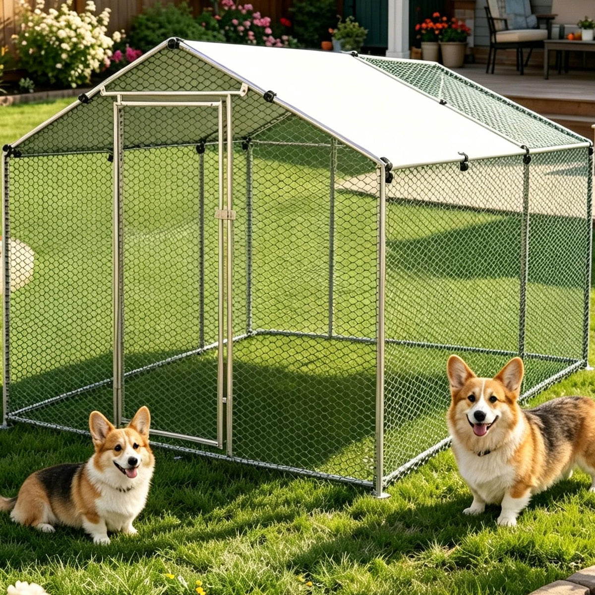 Large Outdoor Dog Kennel Heavy Duty Metal Dog Run with Weatherproof Cover E365918