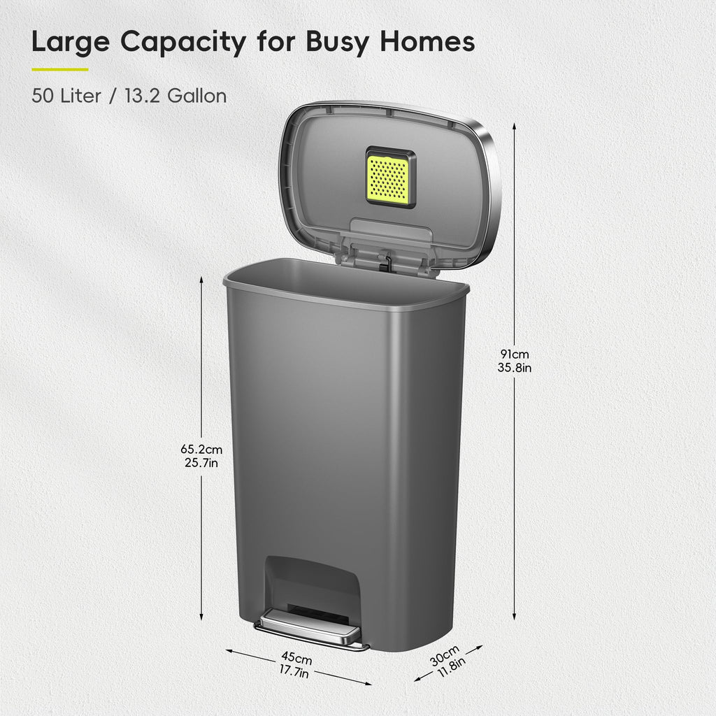 13.2 Gallon / 50L Grey Plastic Step Trash Can with Stainless Steel Lid I8769