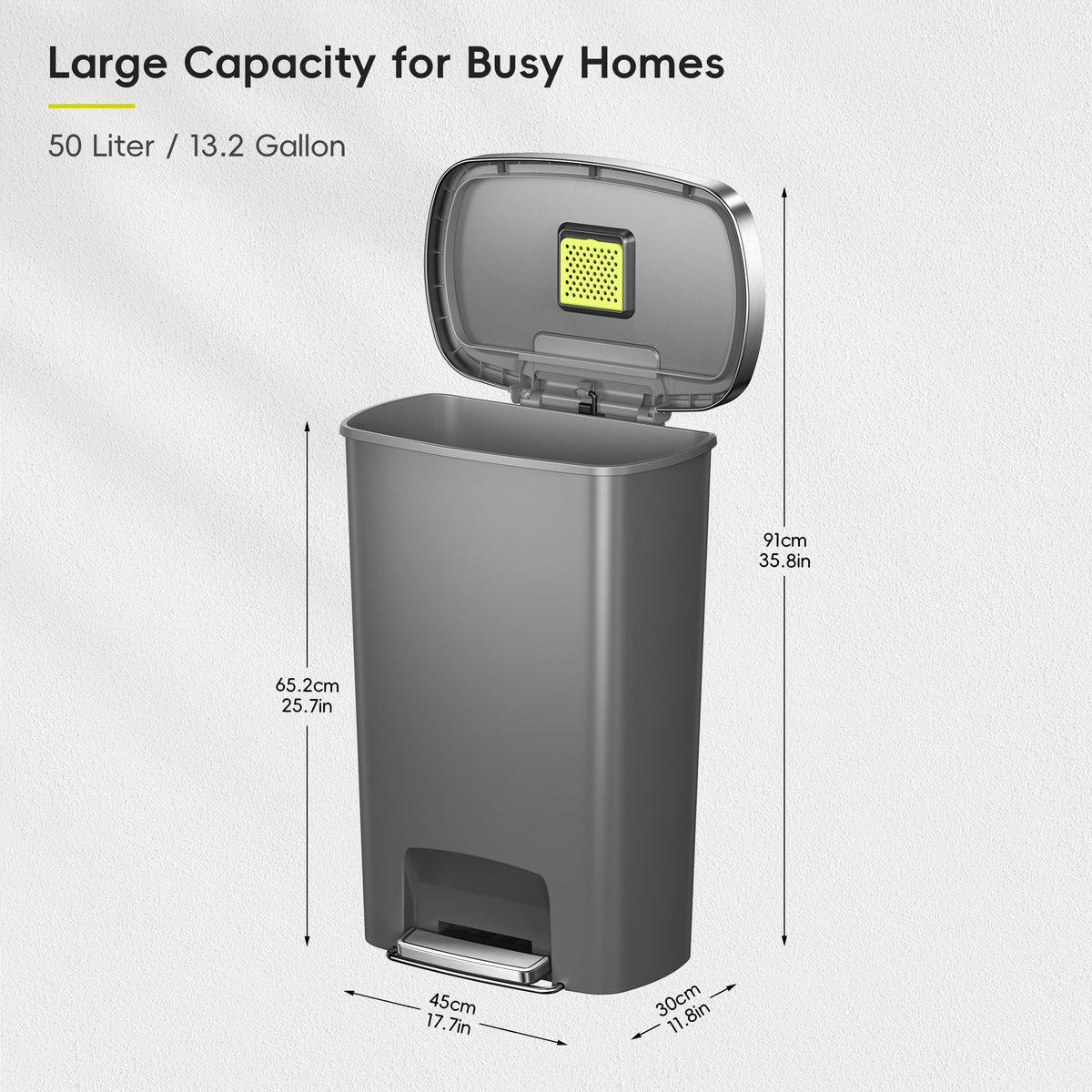 13.2 Gallon / 50L Grey Plastic Step Trash Can with Stainless Steel Lid I8769