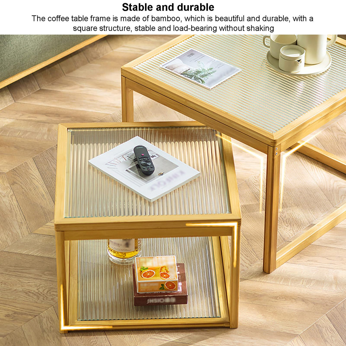 Square Glass Nesting Coffee Tables Set of 2 with Bamboo Frame C127