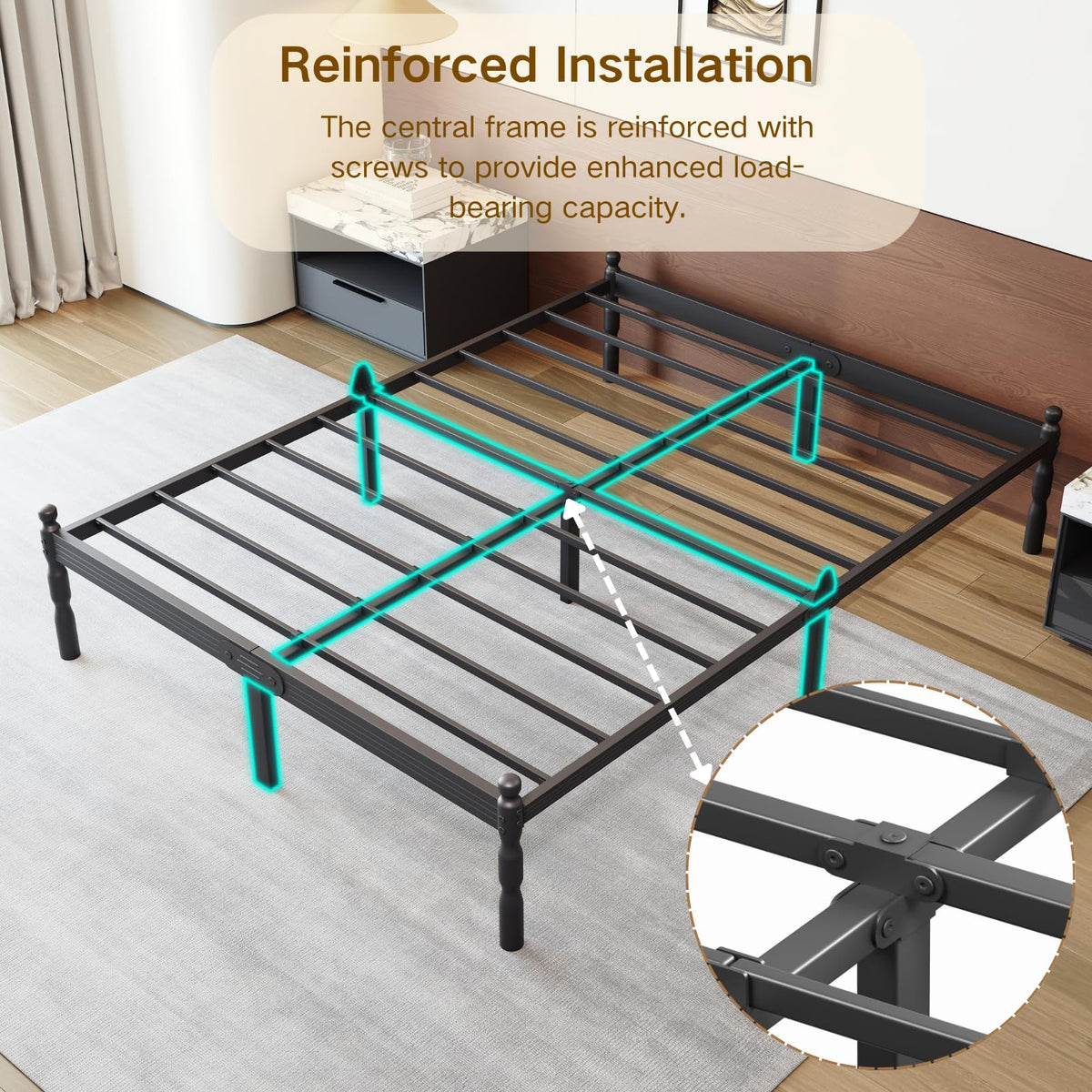 Twin XL Size 18" Black Metal Bed Frame with Storage B858