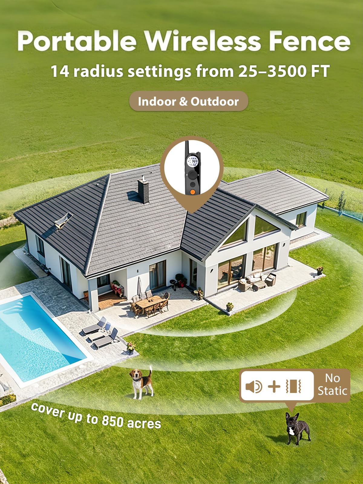 Wireless Small Dog Fence for 2 Dogs, Up to 3500ft Adjustable Waterproof Rechargeable Pet Containment System P578692