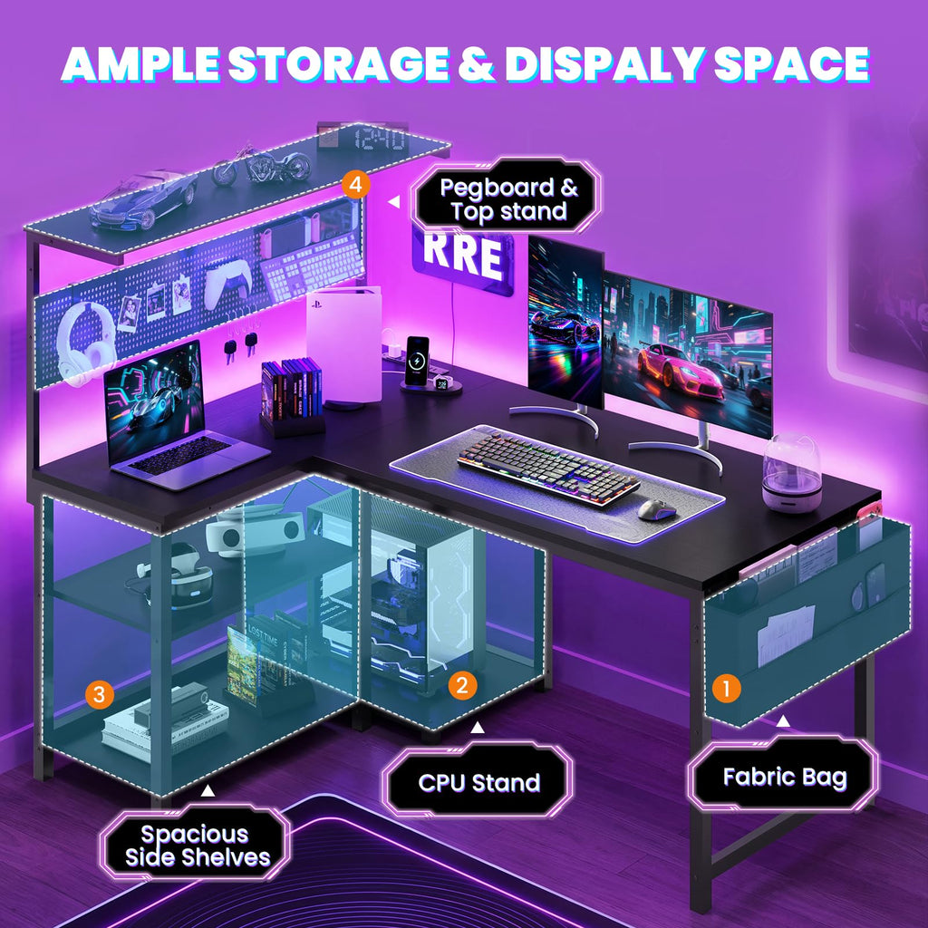 47in Black L Shaped Gaming Desk with Pegboard O585650