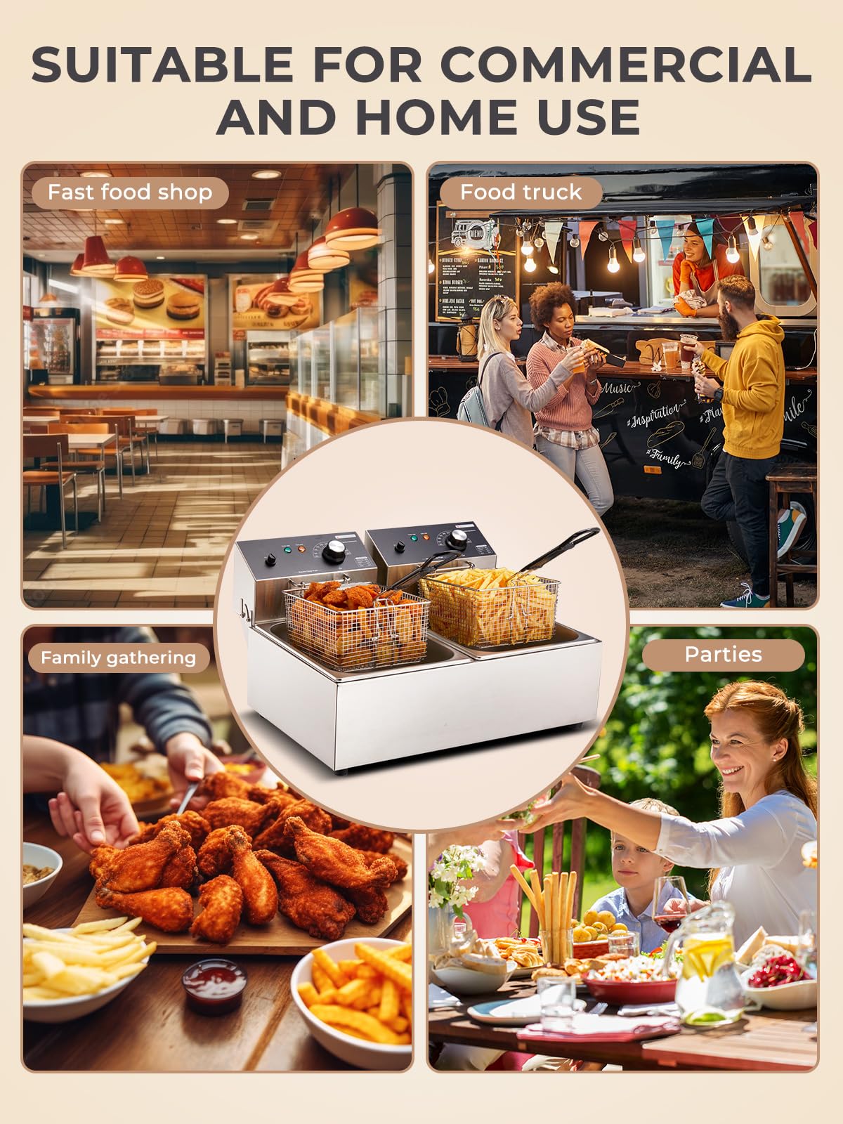 3400W 20.7QT Stainless Steel Electric Deep Fryer with 2 Removable Baskets T380