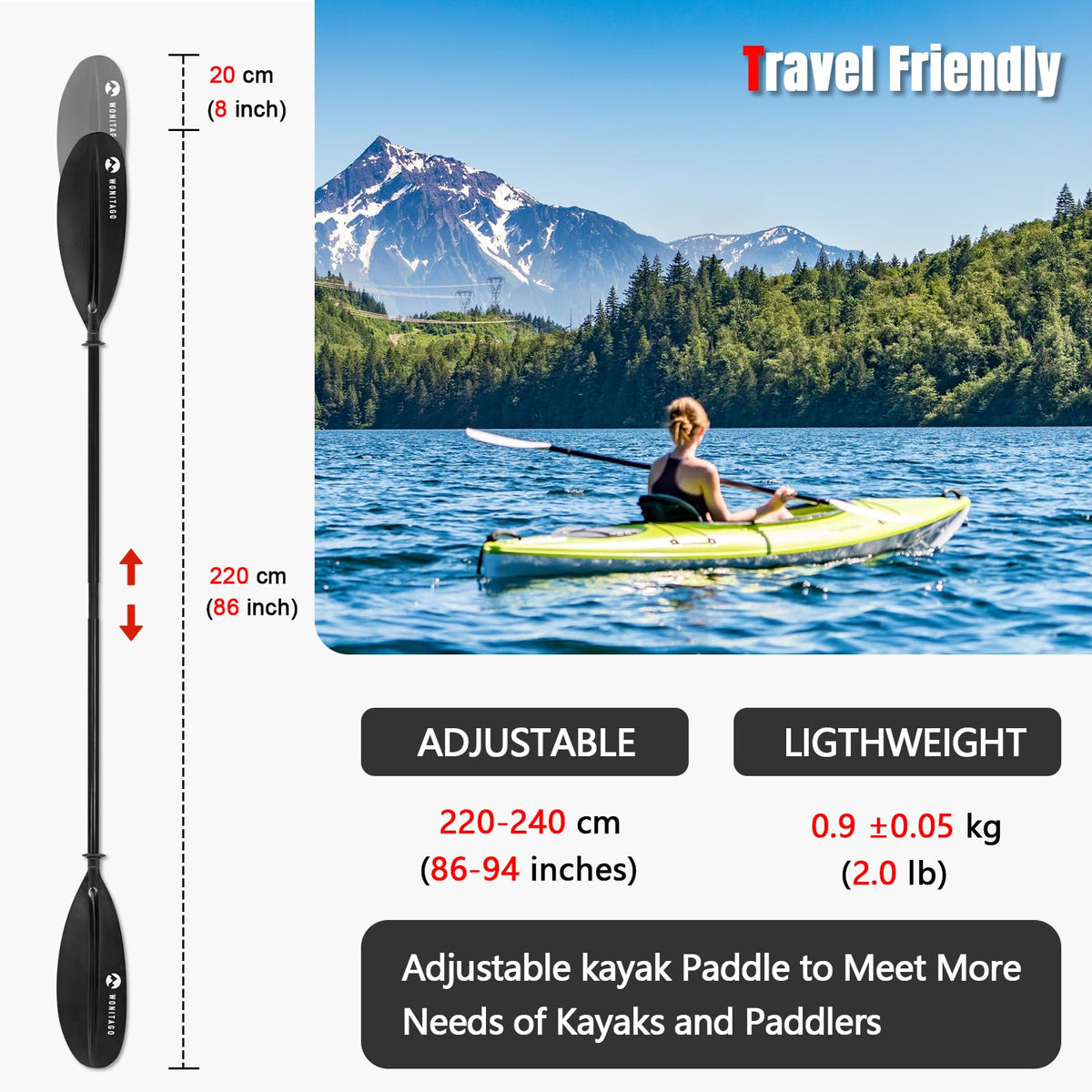 Adjustable Lightweight Carbon Fiber Kayak Paddle N205
