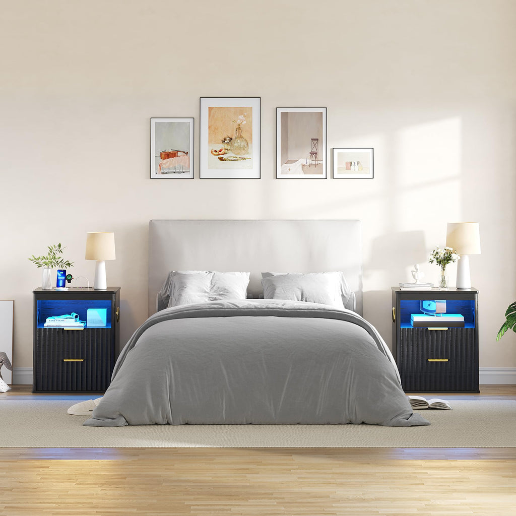 Black Smart Nightstand with Bluetooth Speaker, LED Lights, Wireless Charging, 2 Drawers & Open Shelf S114251