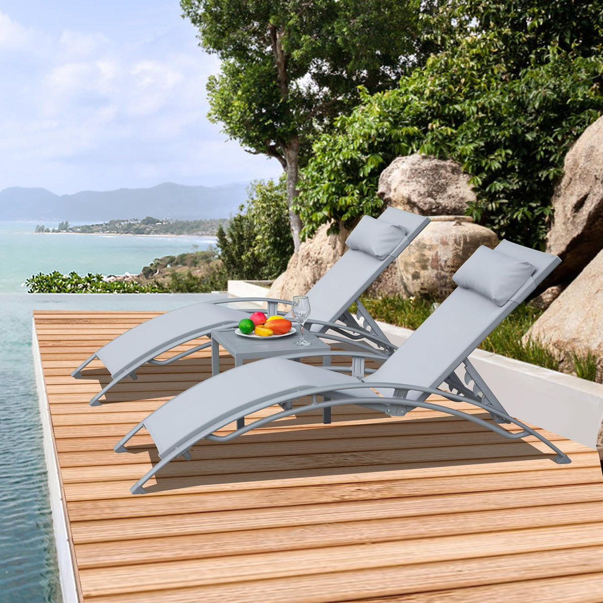 Adjustable Aluminum Pool Lounge Chairs Set of 3 with Side Table F159051