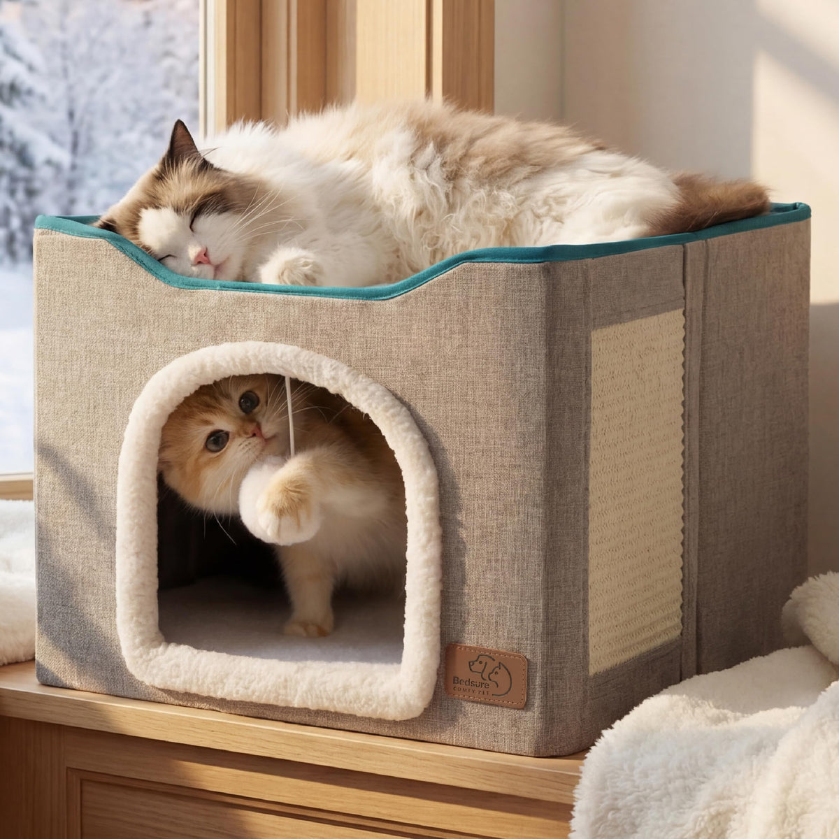 Grey Cat House Bed with Fluffy Ball and Scratch Pad W766