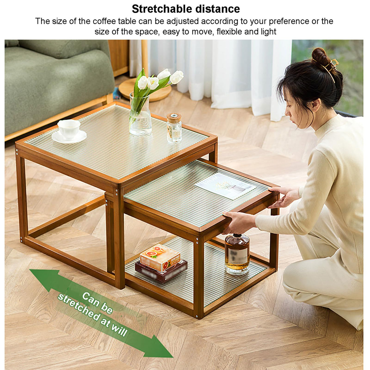 Square Glass Nesting Coffee Tables Set of 2 with Bamboo Frame C127