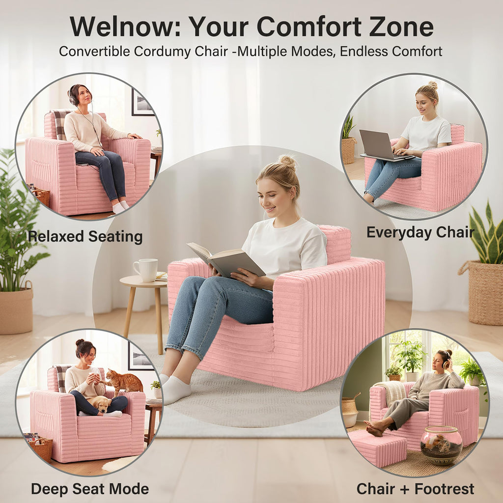 Pink Folding Sofa Bed with Ottoman T26943