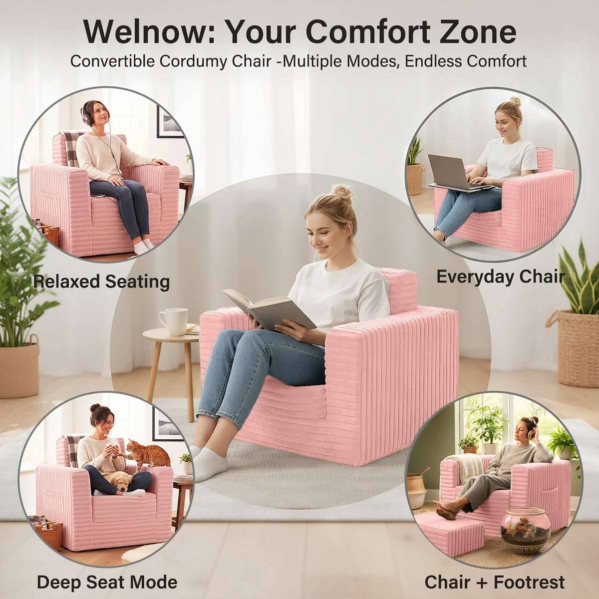 Pink Folding Sofa Bed with Ottoman T26943