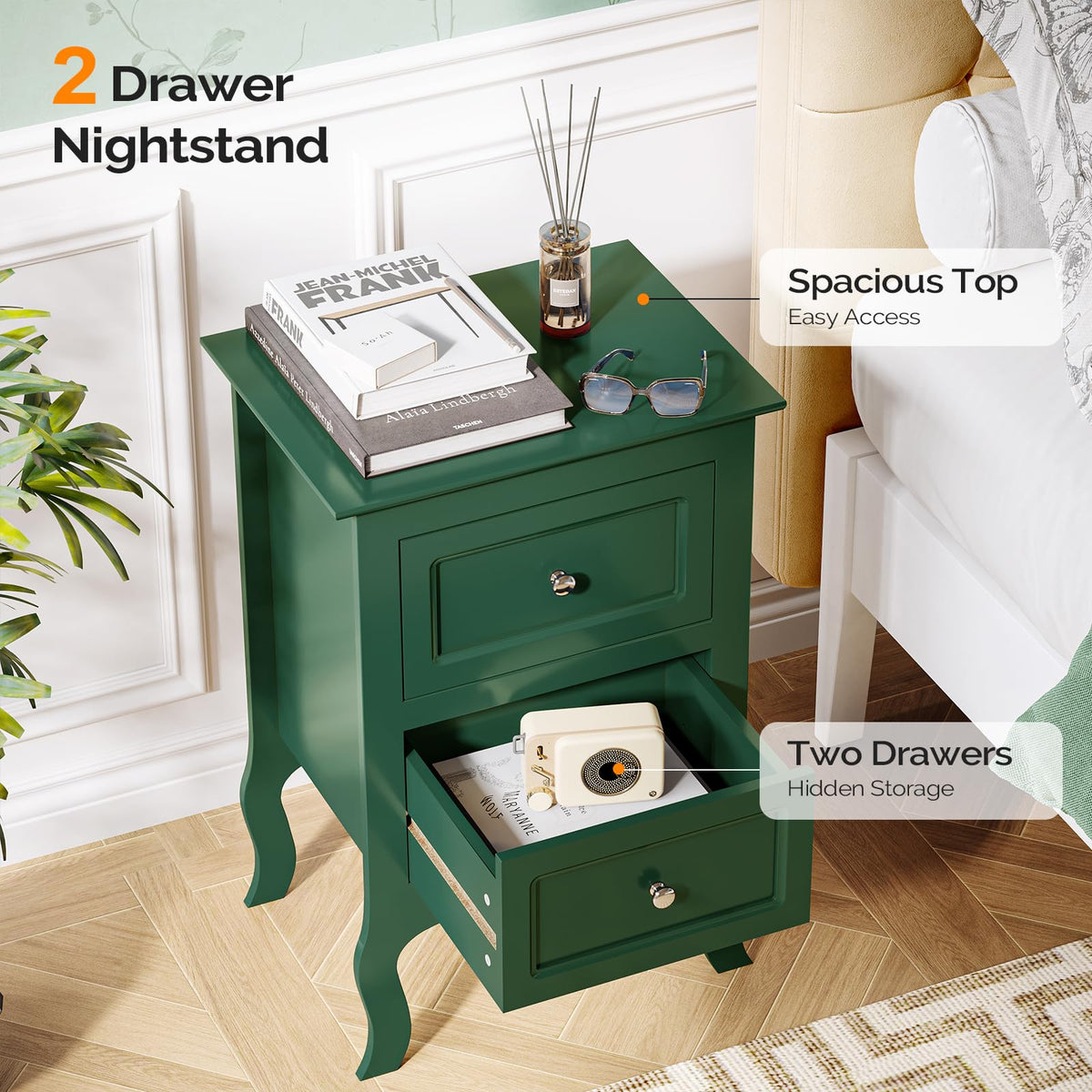 Green Nightstand Set of 2 Wood H6049