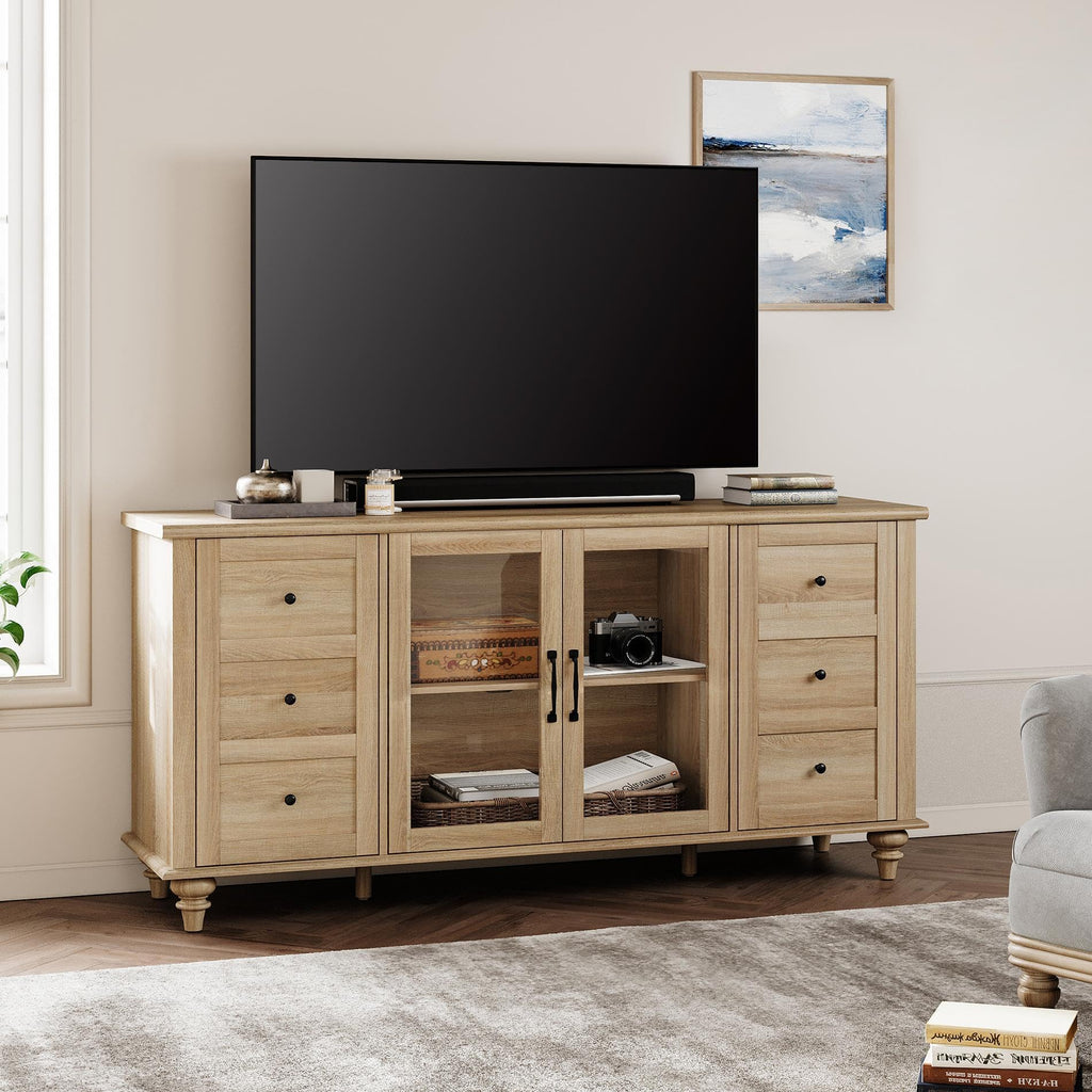Wood TV Stand for 65 Inch TV with Glass Door O379
