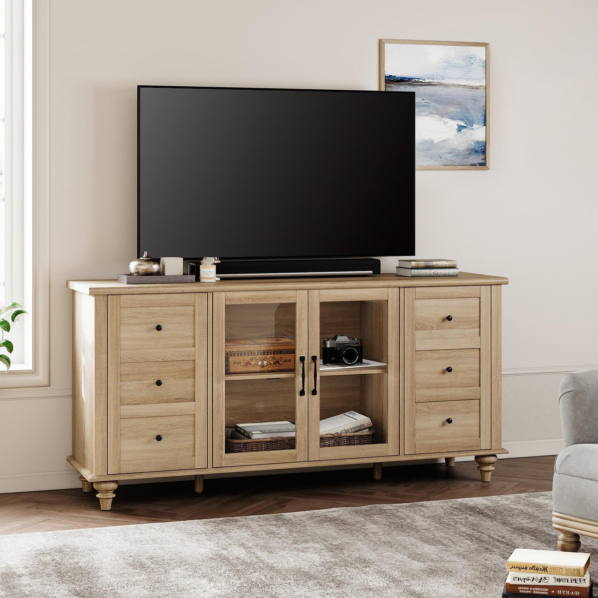 Wood TV Stand for 65 Inch TV with Glass Door O379