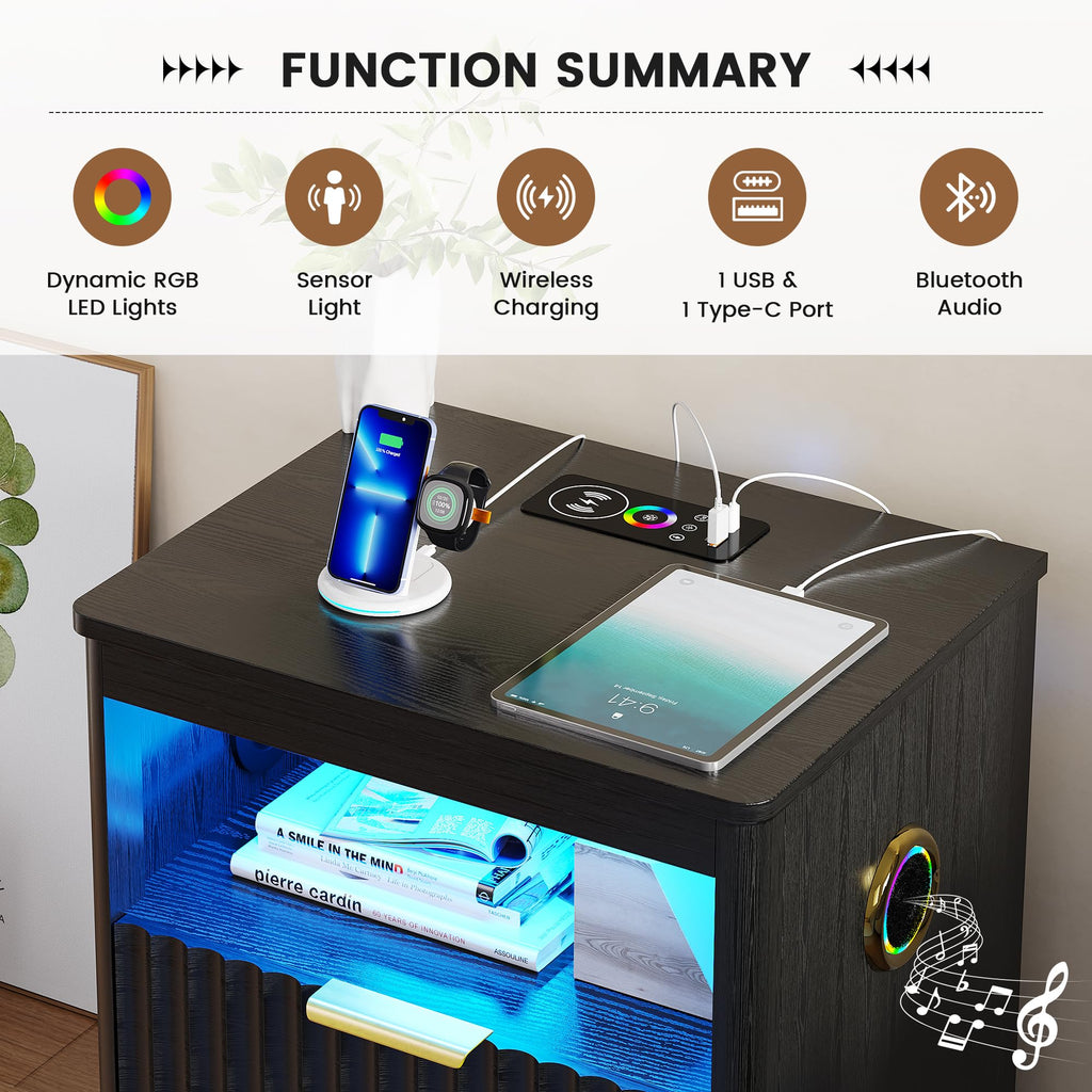 Black Smart Nightstand with Bluetooth Speaker, LED Lights, Wireless Charging, 2 Drawers & Open Shelf S114251